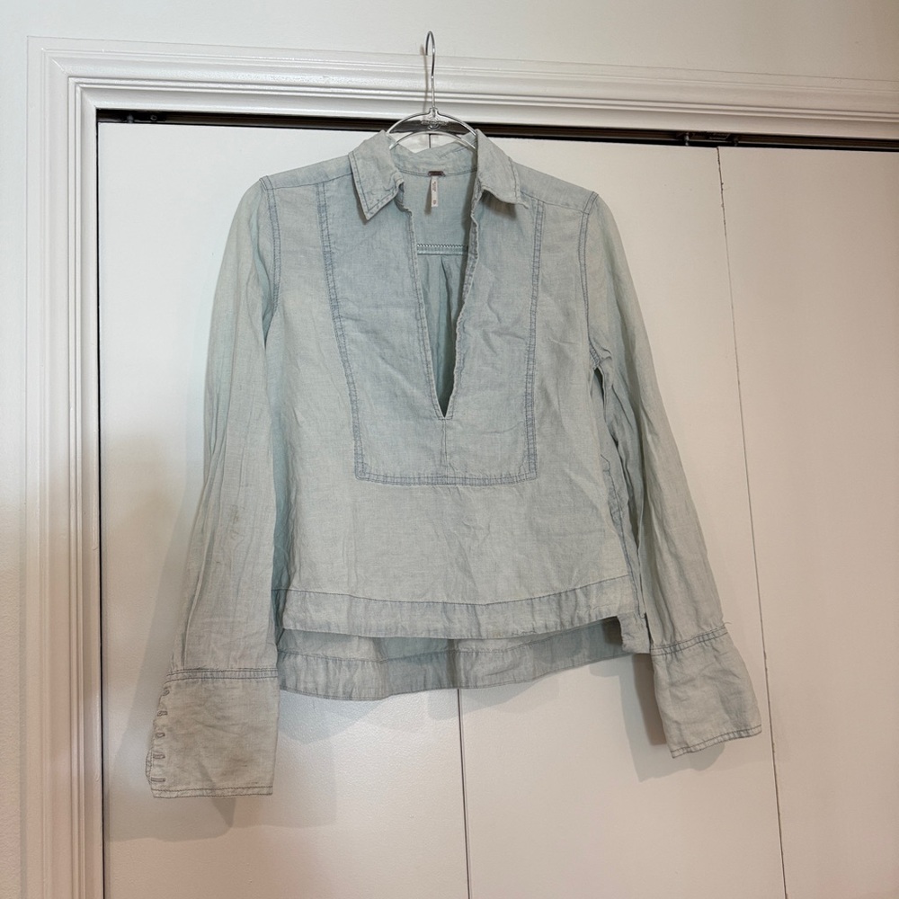 Free People Blue Gray Long Sleeve Boxy Blouse